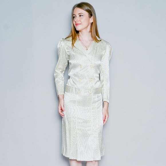 229. VINTAGE ANNA PAOLA 1970s Striped Silk Suit Set - Picture 1 of 12